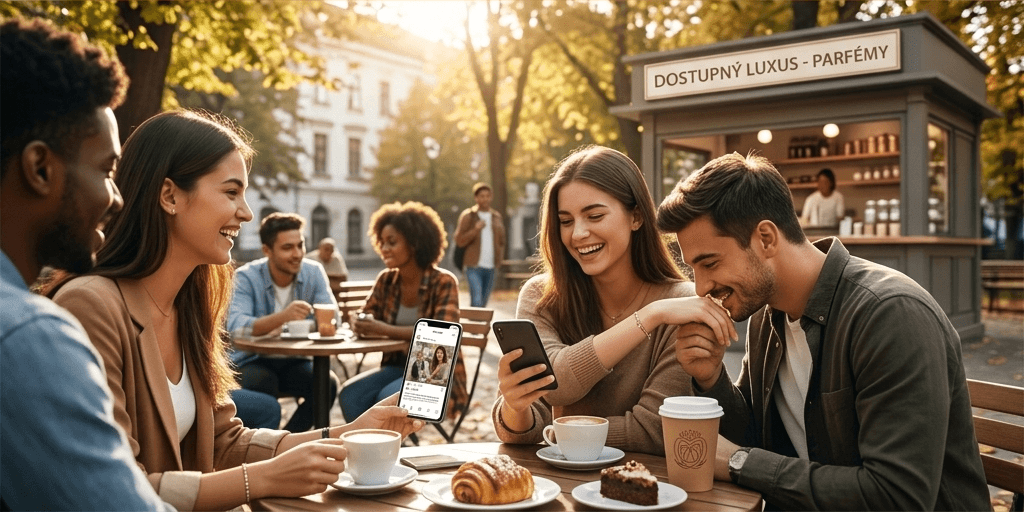 Estetické usporiadanie rôznych flakónov alternatívnych parfémov na minimalistickej poličke.