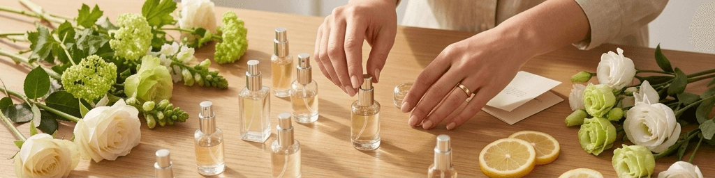 Srovnání těžkého zimního parfému v tmavém flakonu a lehké jarní vůně zdobené rozkvetlými květy.