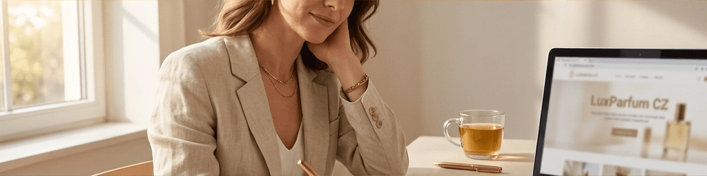 Elegantní skleněný flakon parfému obklopený čerstvými jarními květinami a plátky citrusů.