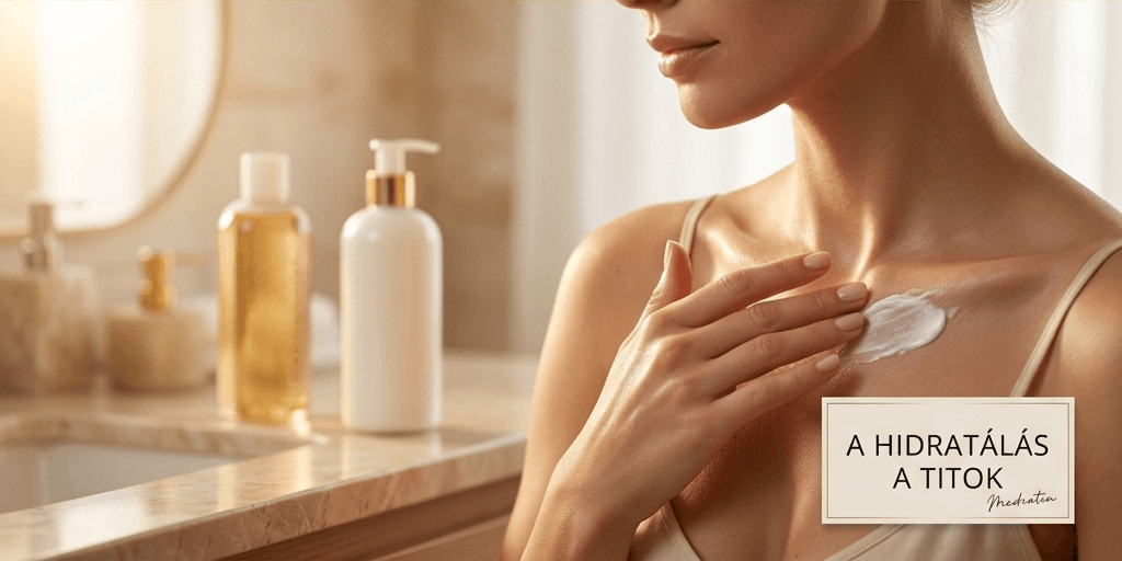 Esztétikusan elrendezett luxus parfümös üvegek egy stílusos piperetükör előtt.