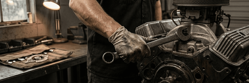 Ilustrace muže v kustom tričku pracujícího na motoru veterána v autentické garáži.