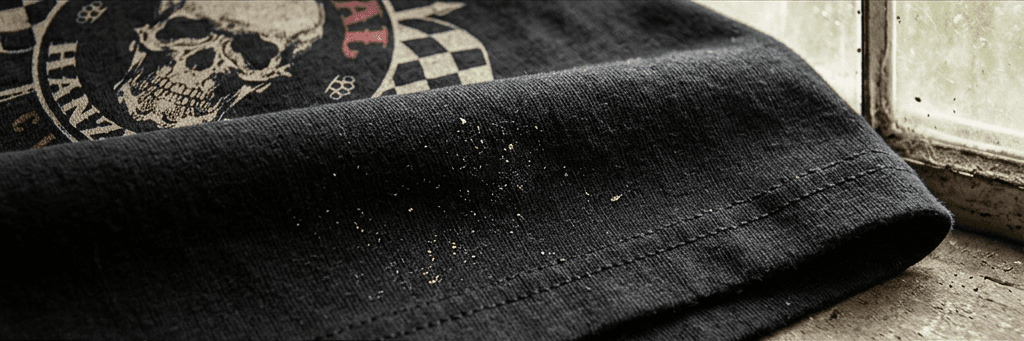 Detailní pohled na odolný potisk trička s motivem Kustom Kultury v dílenském prostředí.