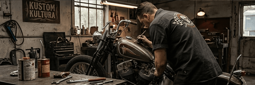 Stylové kustom oblečení pověšené v garáži vedle sady nářadí a součástek.