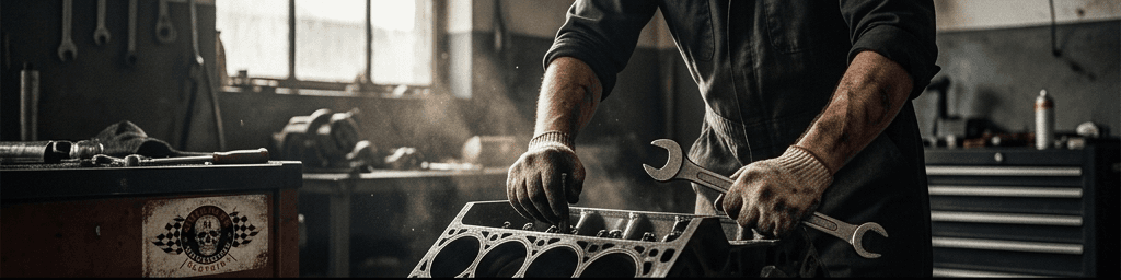 Klasický americký hot rod s plameny na kapotě zaparkovaný na silnici při západu slunce.