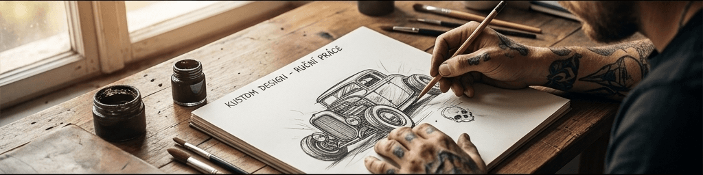 Detailní pinstriping – ručně malované dekorativní linky na černé palivové nádrži motocyklu.