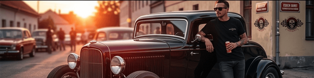 Mechanik v kožené vestě pracující v retro garáži na renovaci klasického amerického veterána.